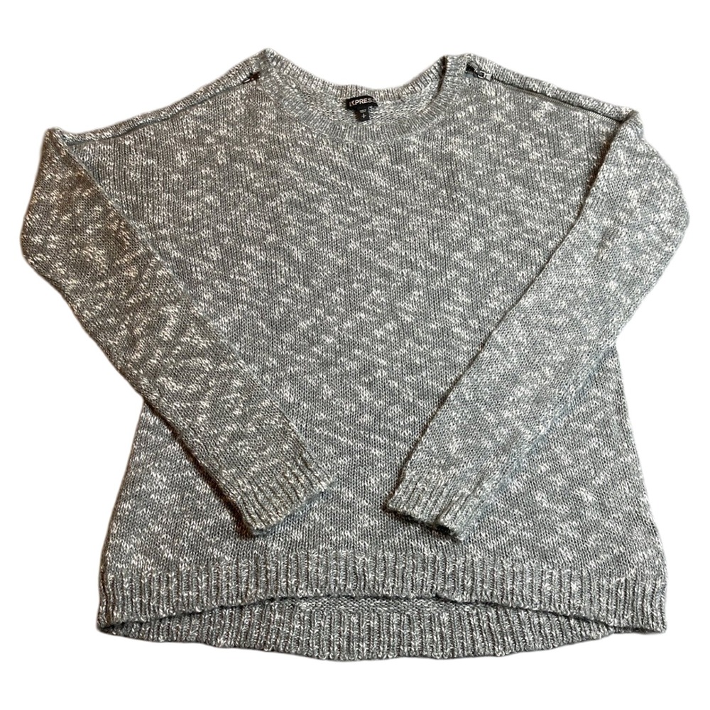 Express Womens Marled Grey Knit Pullover Sweater Shoulder Zipper Detail Size‎ S